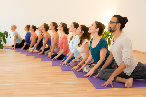 Teilnehmer und Teilnehmerinnen der Yogalehrer-Ausbildung in Wien bei einer Yoga-Übung